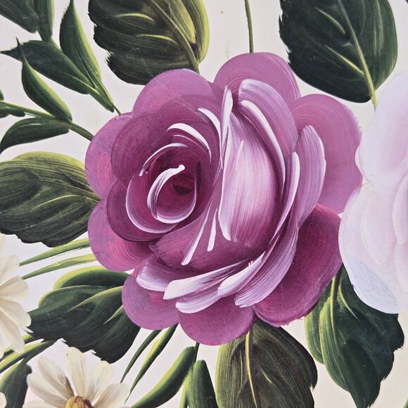 Tole by Pilgrim Art Large Round Metal Tray Roses and Daisy Pattern Gold Rim - Picture 2 of 15